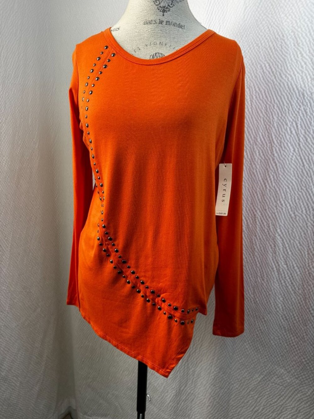 cyrus Orange Knit Tunic Grommets Asymmetrical Long Sleeves Small M Studs nwt